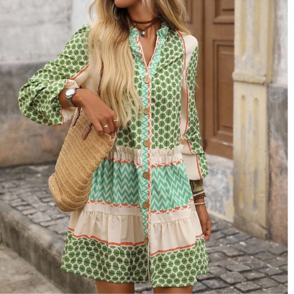 Bohemian Floral Chevron Print Lantern Sleeve Mini Dress XS S M L XL